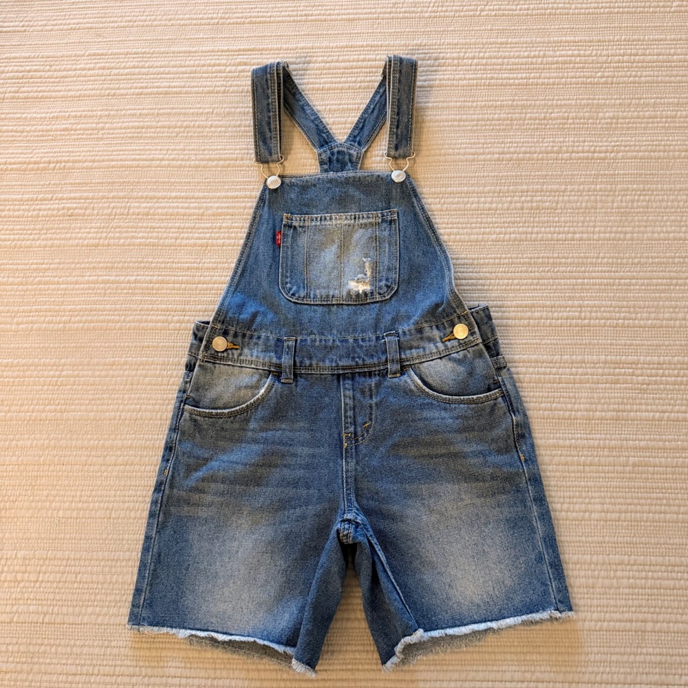Levis‎ Kids Denim Shortalls Medium Wash Distressed Raw Hem Overalls Size 8 REG